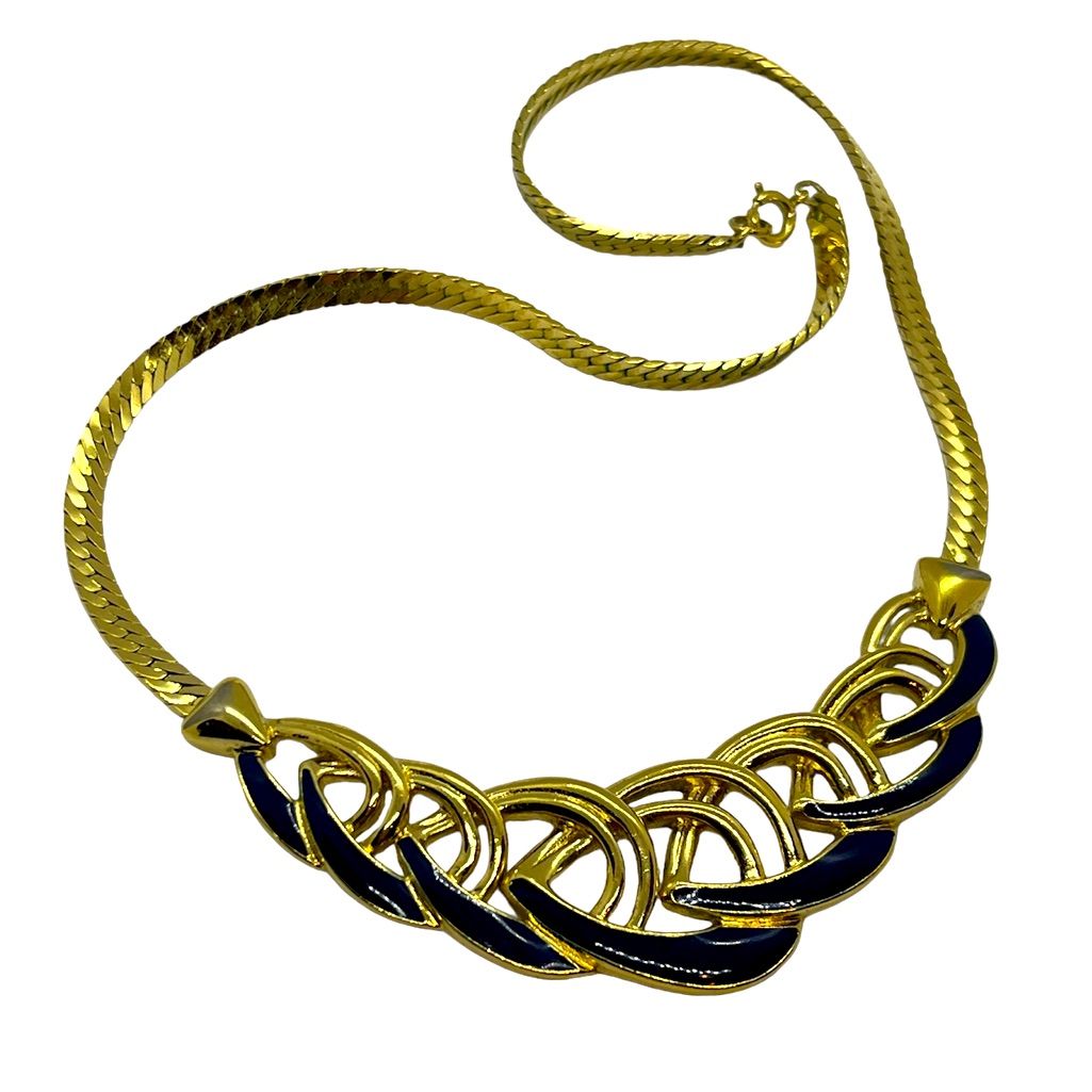 Vintage Trifari Gold Tone Black Enamel Chain Choker Necklace